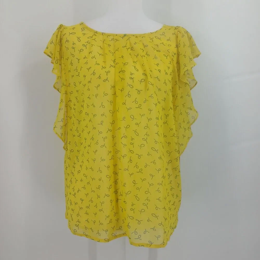 womans downeast size medium yellow blouse ruffle sleeves teacher basic top